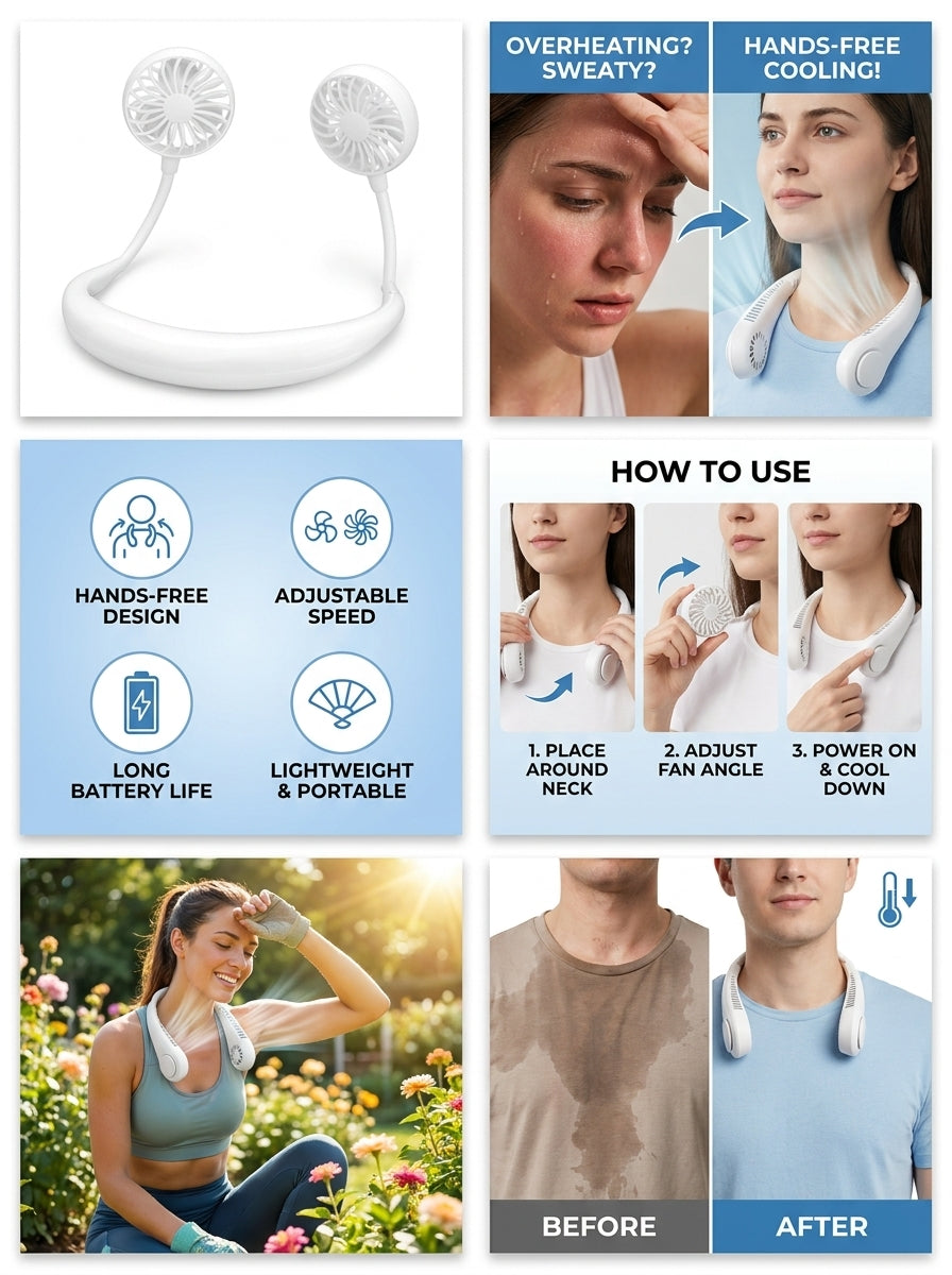 SKOVA Hands-Free Neckband Fan | USB Rechargeable with LED Light